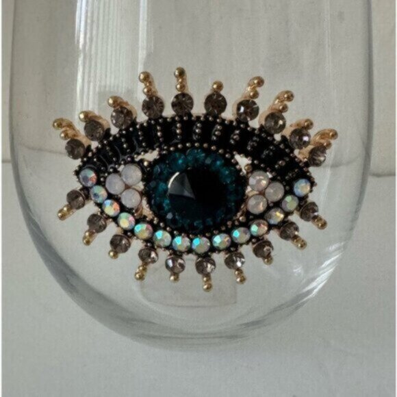 ! Rachel Zoe 2 Pc Jewel Rhinestone Hamsa Evil Eye Stemless Wine Glasses - Picture 3 of 10